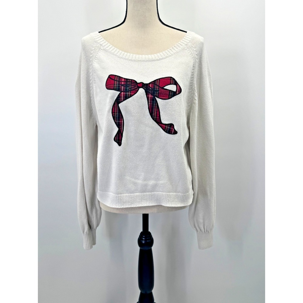 Hollister Tartan Plaid Red Bow Holiday Wide Neck Pullover Knit Sweater M Slouchy
